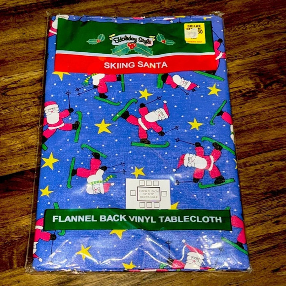 NWT VTG Holiday Style Flannel Back Vinyl Tablecloth 52x70 Rectangle Skiing Santa - Picture 1 of 10